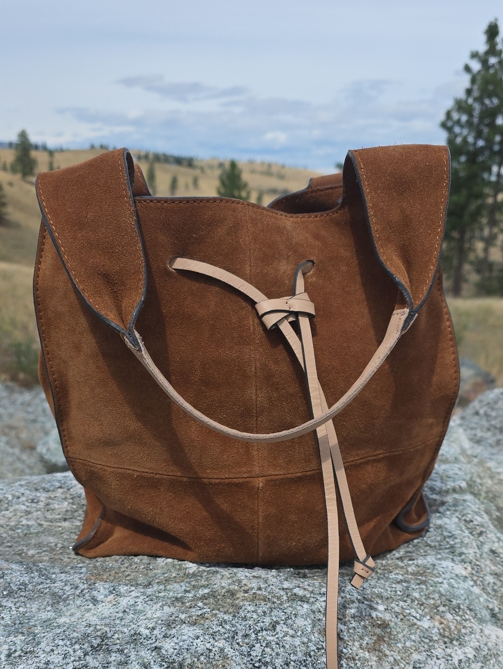 Like New! Clarks Brown Suede Drawstring Tote with Tan Straps